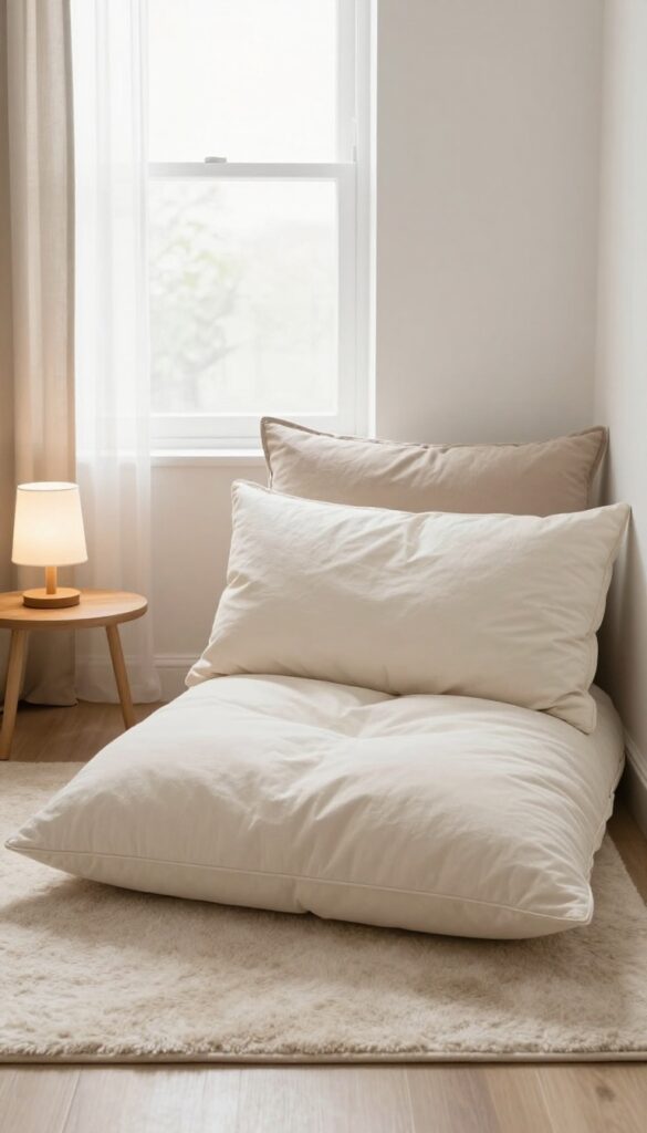 Cozy reading nook with neutral floor cushions and a warm lamp in a bright bedroom