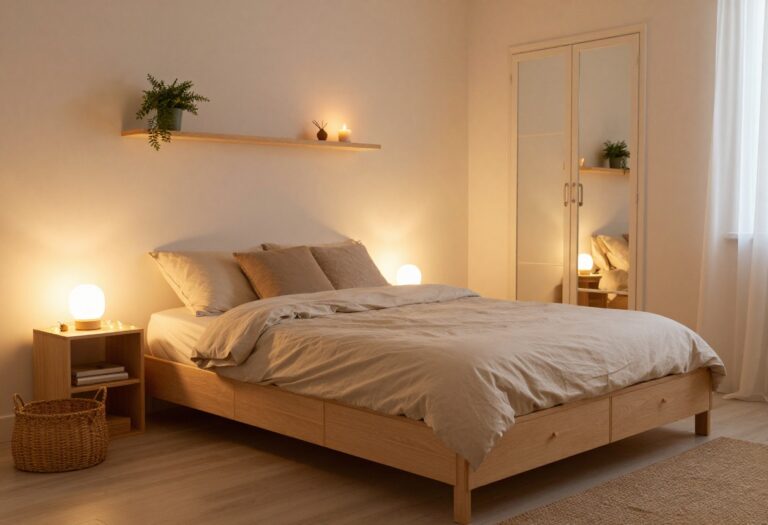 Cozy small bedroom with platform bed, floating shelves, and warm lighting