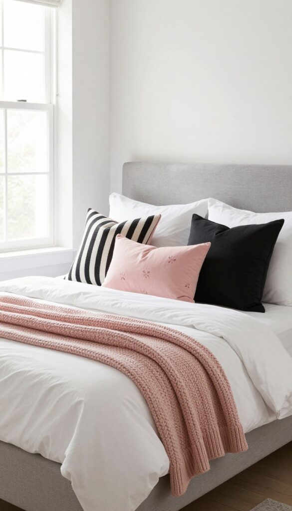 A neutral bed with layered pink and black throw pillows and a textured blush throw in a bright bedroom.