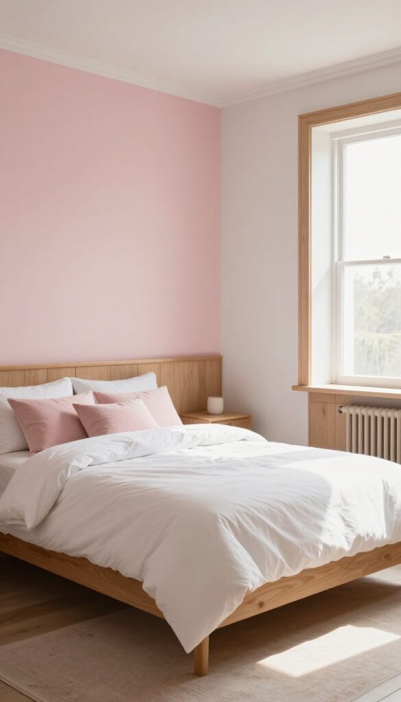 Blush pink accent wall with warm wood trim in a bright, cozy bedroom