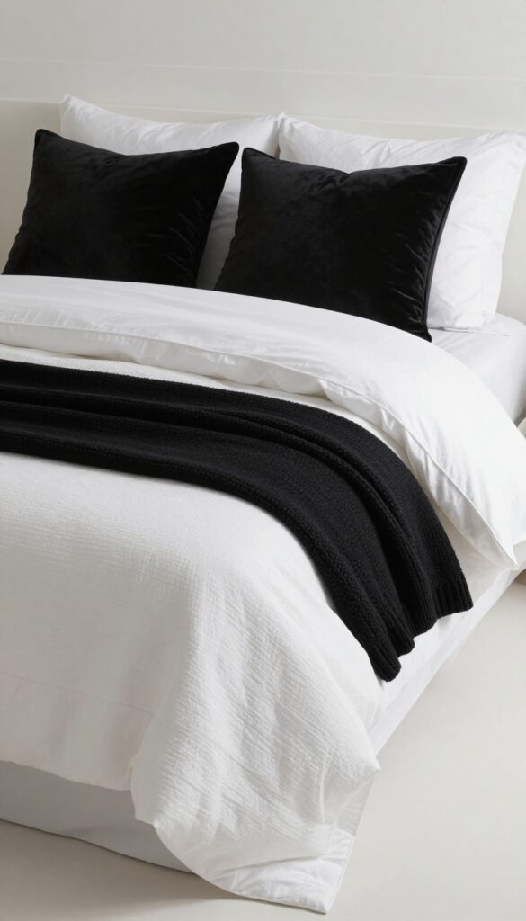 Layered white bedding with a black throw blanket and black pillows on a bed in a bright, minimalist bedroom.