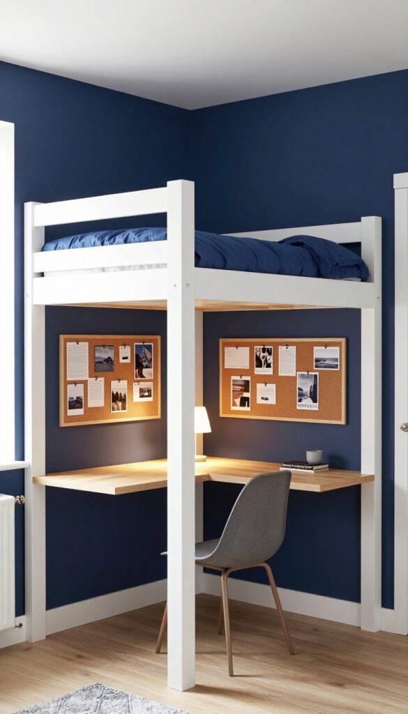 Teen boy's bedroom with lofted bed and built-in study nook below, featuring a desk, lamp, corkboard, and navy accent wall.