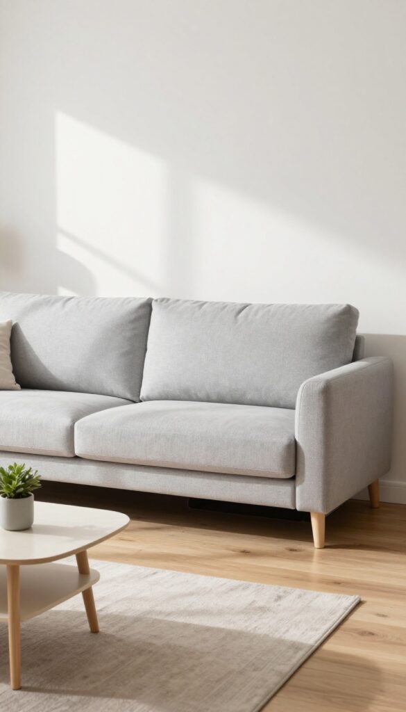 Under-sofa storage bins hidden beneath a gray sofa in a bright, minimalist living room