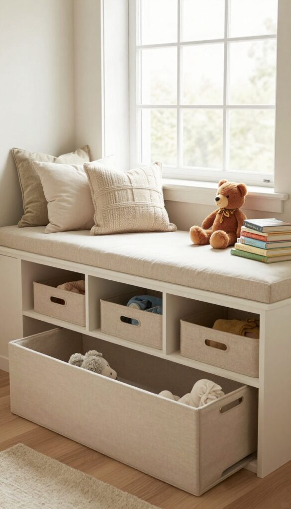 Cozy kids' bedroom with built-in window seat and storage bins