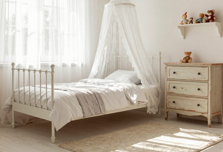 Light and airy vintage kids bedroom with iron bed, lace canopy, and pastel bedding