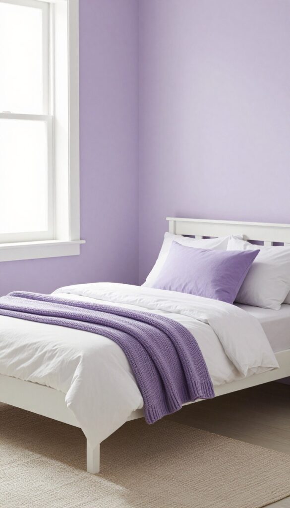 Soft lavender boy's bedroom with white trim and warm gray accents, featuring a bed with lavender throw pillow and chunky knit blanket, woven rug, natural light.