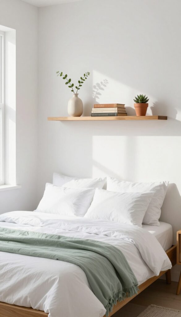 Small bedroom with floating shelves above bed, decorated with books, vase, and succulent in warm natural light.