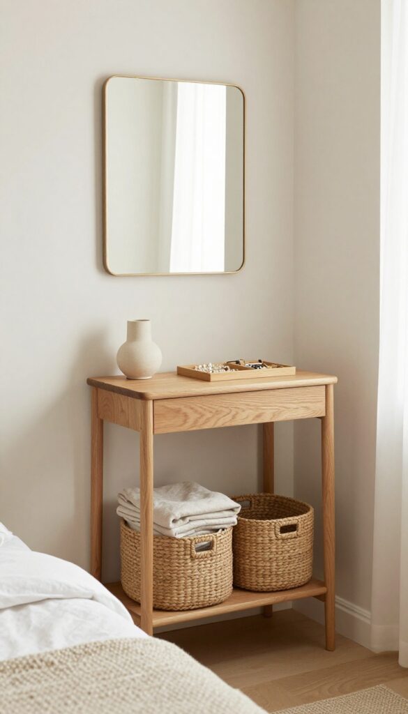 Small double bedroom with slim console table, wall mirror, and woven baskets for storage, bright natural light