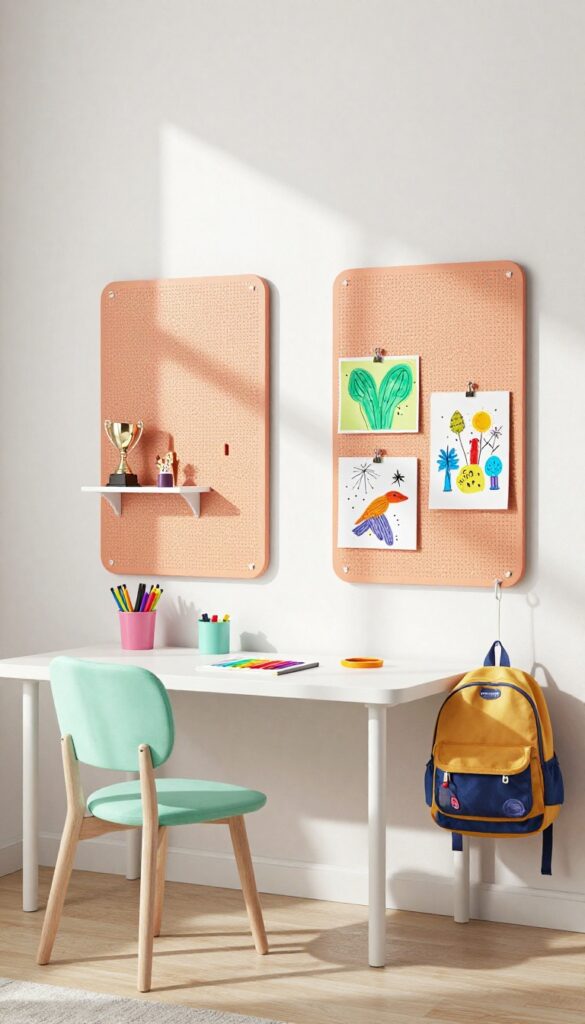 Kids bedroom with coral pegboard wall holding art supplies and accessories above a desk.
