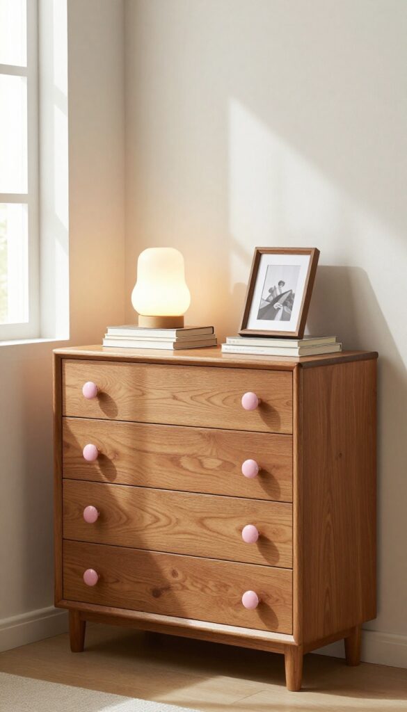 Vintage dresser with pink ceramic knobs in a cozy bedroom with warm lighting and simple decor on top.