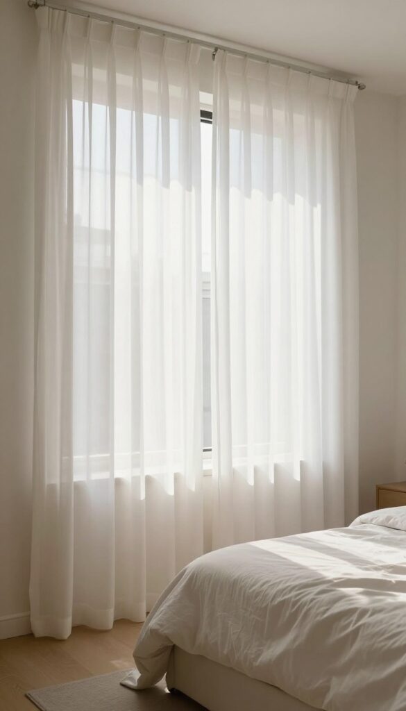 Small bedroom with sheer white curtains letting in natural light, creating an open and airy feel.