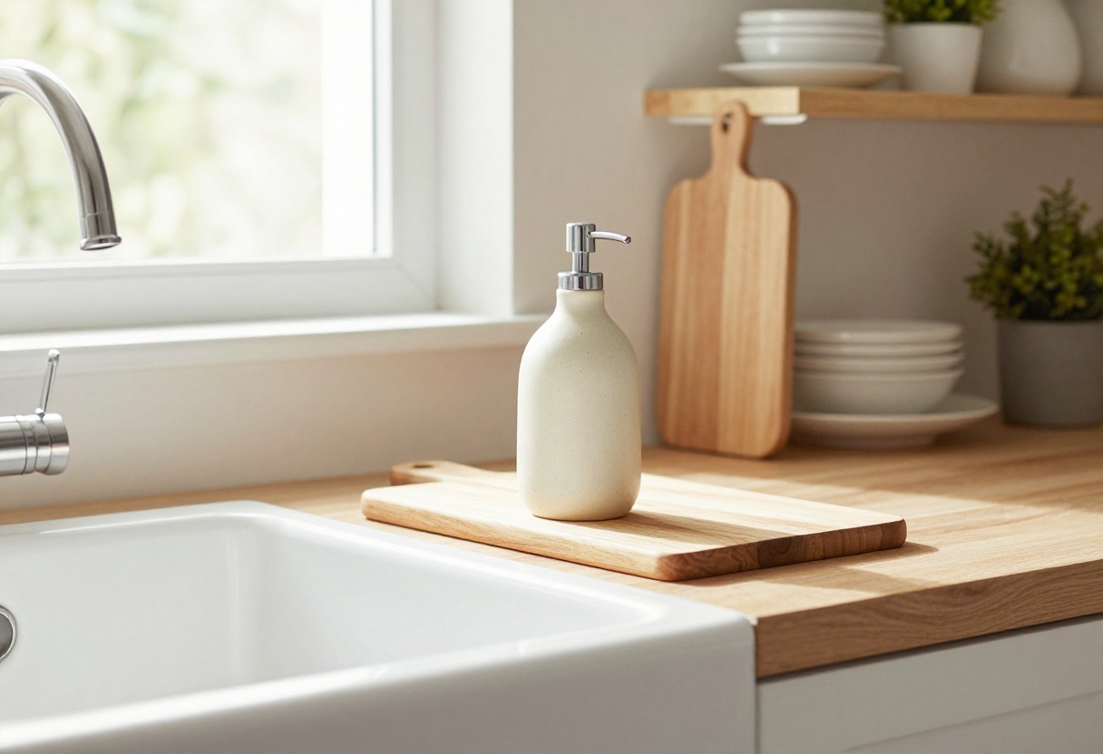 A cream ceramic soap dispenser on a white kitchen counter near a farmhouse sink, with natural light and a cozy, airy feel.