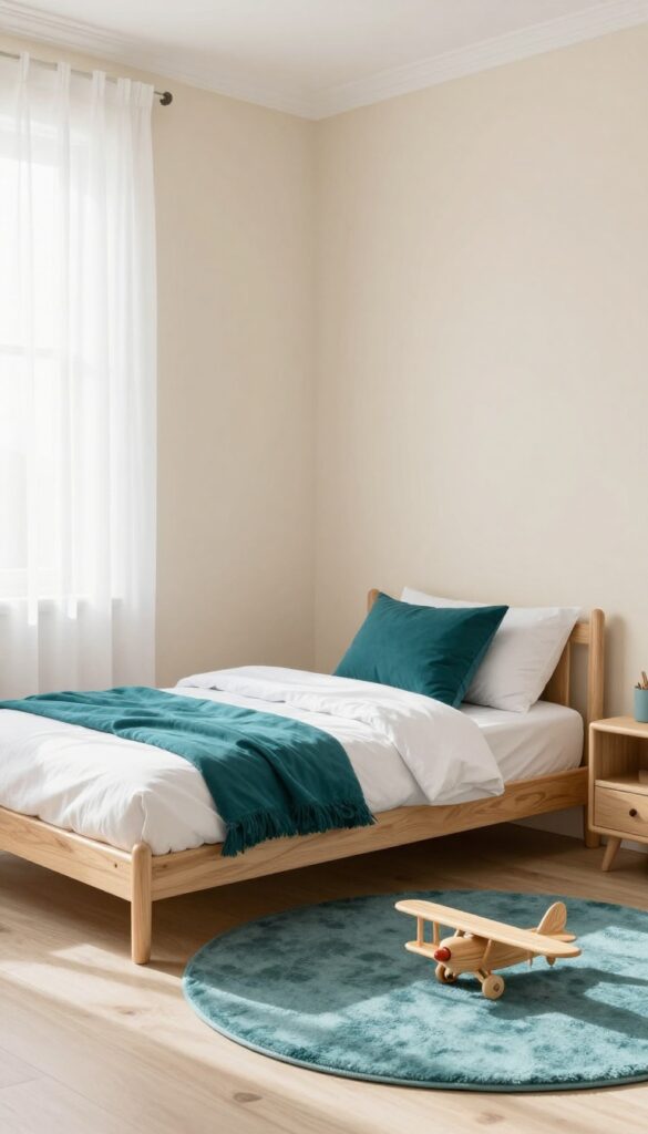 Neutral toddler boy bedroom with beige walls, white bed, and teal accent rug and pillow.