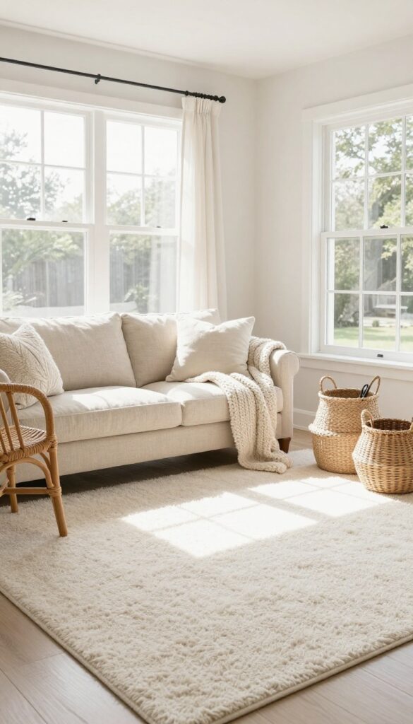 Living room with off-white shag carpet, linen sofa, rattan chair, and woven baskets in natural light