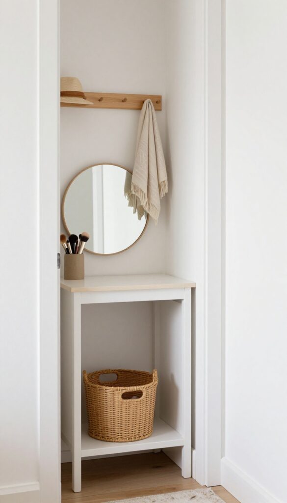 Narrow console table behind bedroom door with mirror and storage