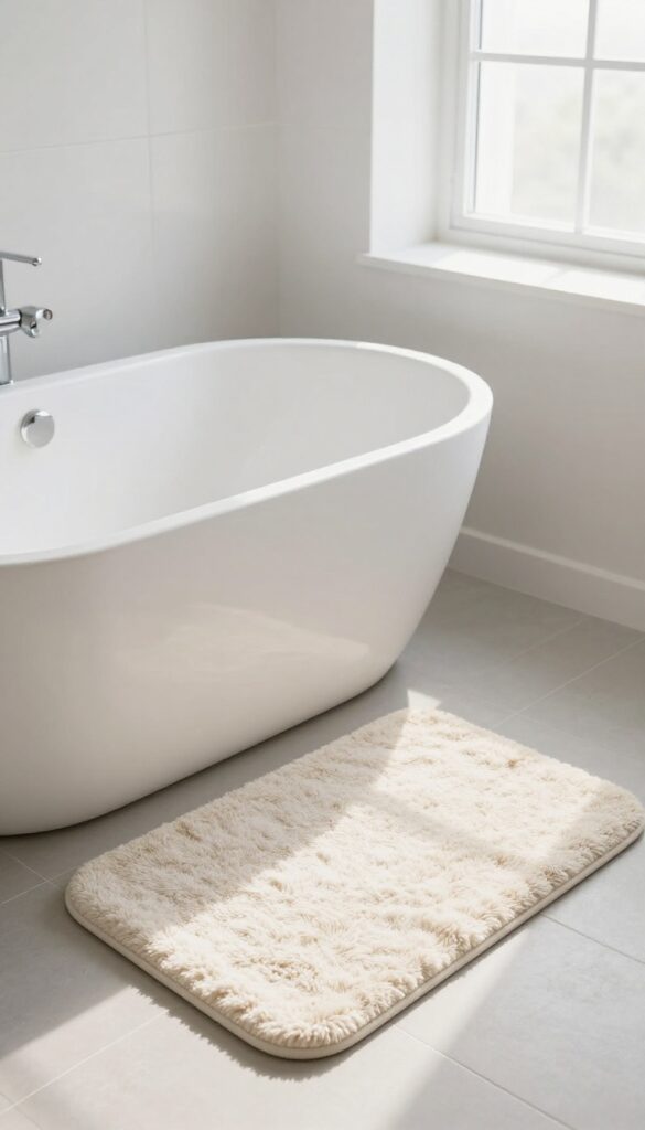 A plush cream bath mat on a light gray tile floor next to a white bathtub in a bright, minimalist bathroom