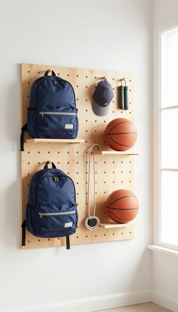Pegboard wall in boys bedroom holding sports gear and backpack