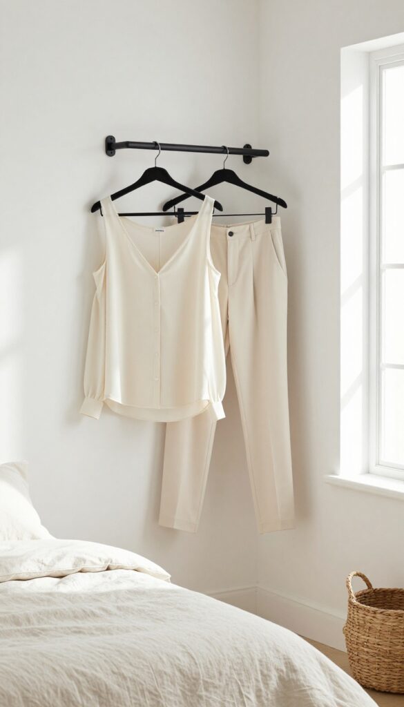 Small bedroom with a valet hook on the wall holding a neatly hung outfit, natural light, tidy and organized space.