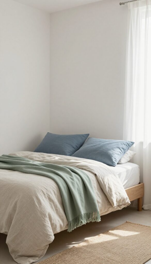 Small calm bedroom with neutral base and soft sage green and dusty blue accent colors
