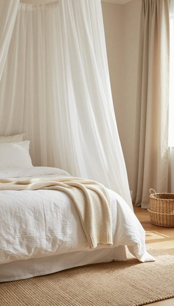 Neutral guest bedroom with layered textures like linen curtains, knit throw, and jute rug, creating a calm hotel-like retreat.