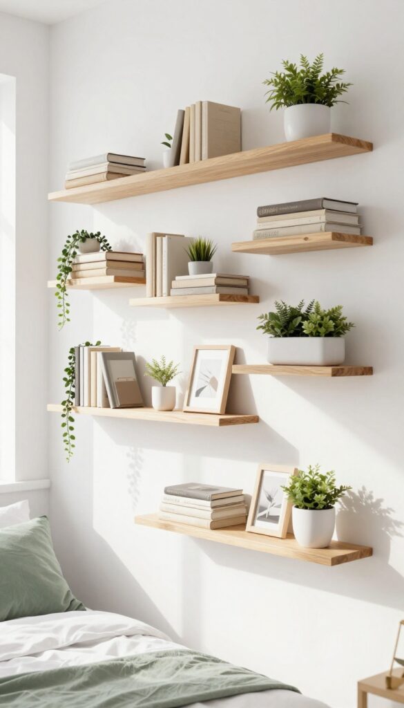 Floating shelves in an asymmetrical grid on a bedroom wall, displaying books and plants, with natural light.