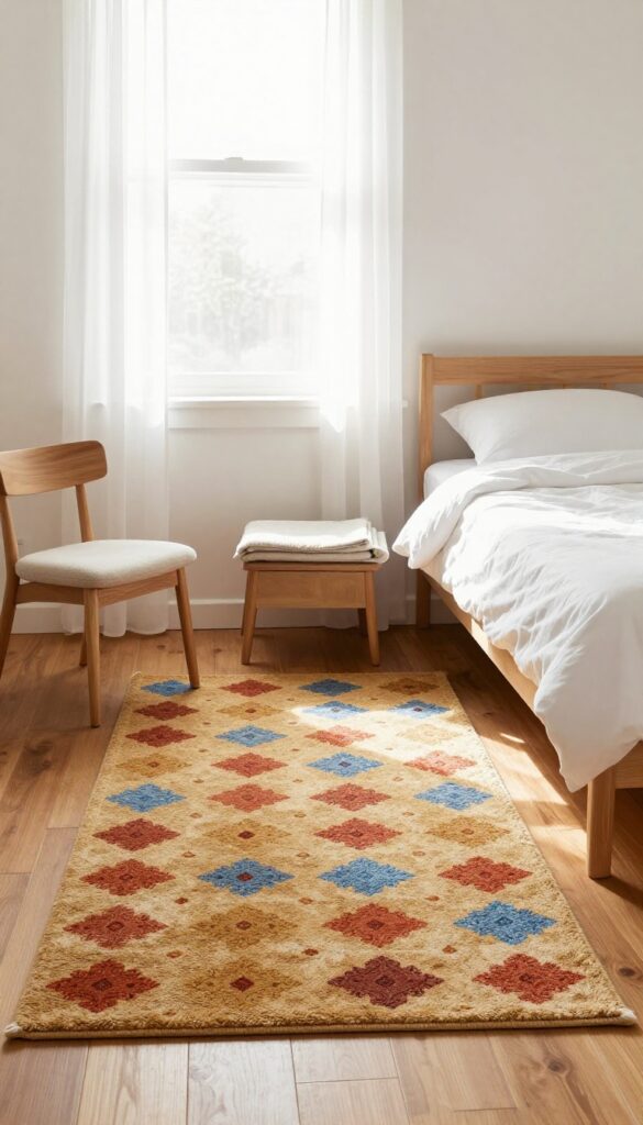 Small patterned rug in a cozy guest bedroom seating nook with chair and natural light