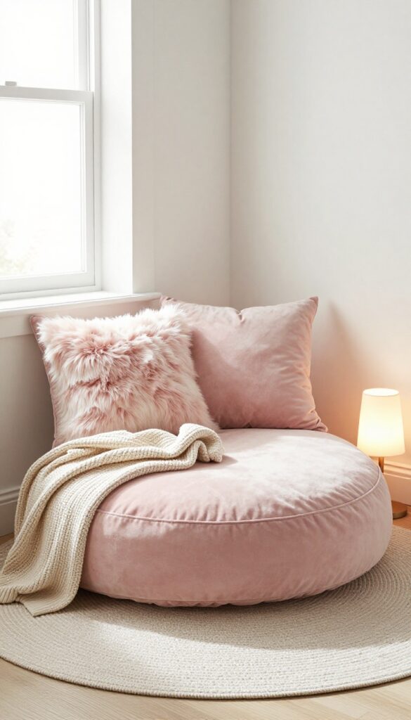 Cozy reading nook with pink cushions and warm lighting in a girl's bedroom