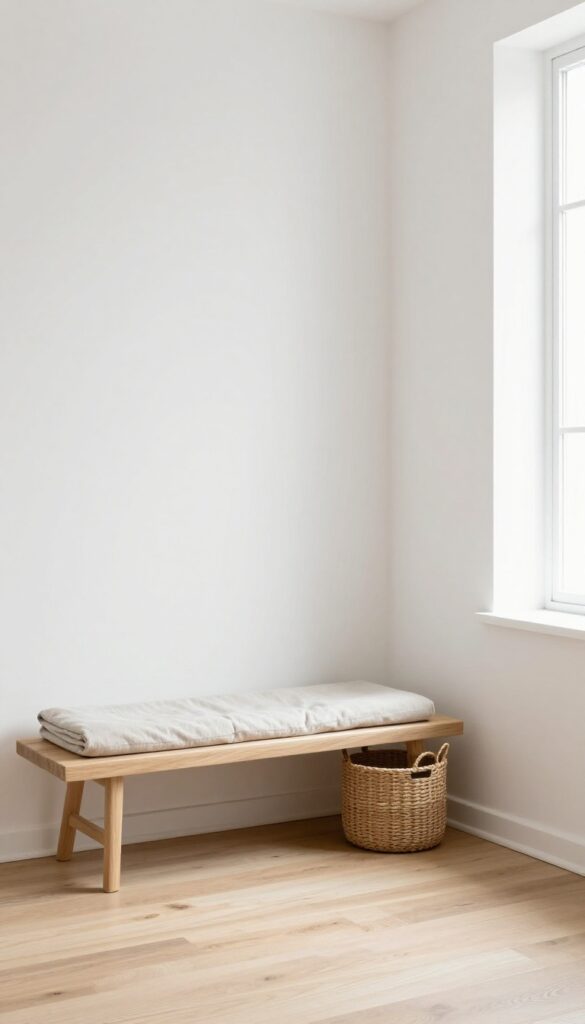 Minimalist bedroom with a dedicated dressing area featuring a wooden bench and woven basket by a window
