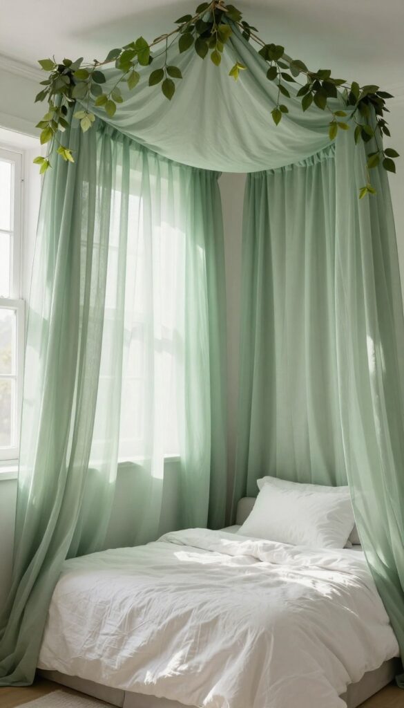 A child's bedroom with a fabric canopy ceiling in green shades, creating a forest canopy effect.