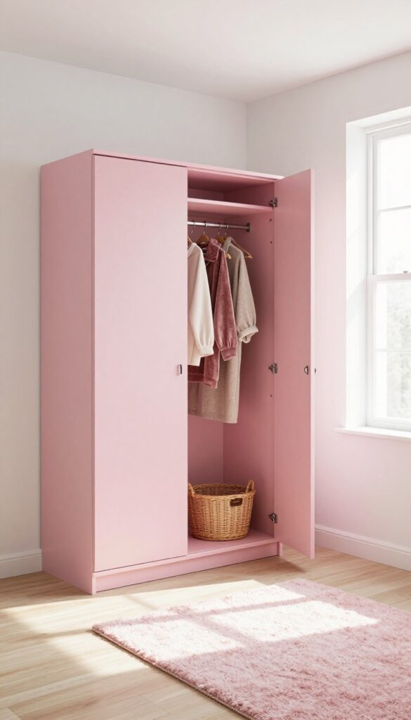 Bedroom with a wardrobe featuring soft pink sliding doors, fluffy pink rug, and natural light