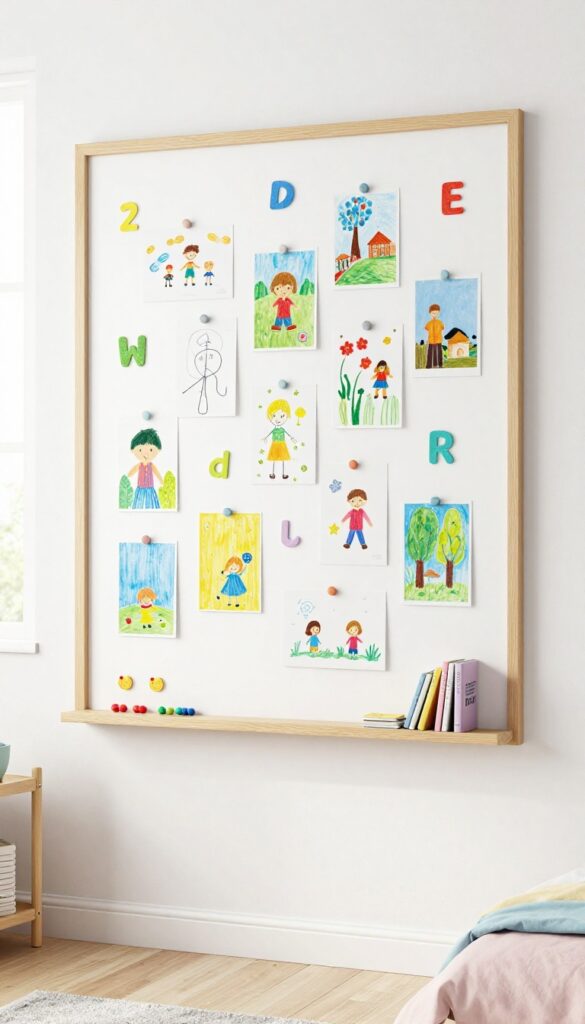 A child's bedroom with a magnetic wall displaying art and notes, framed in wood, with a shelf below.