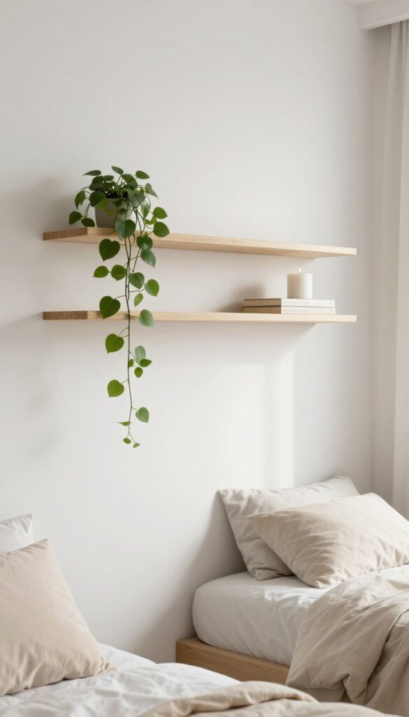 Floating shelf with plant, book, and candle in a calm small bedroom