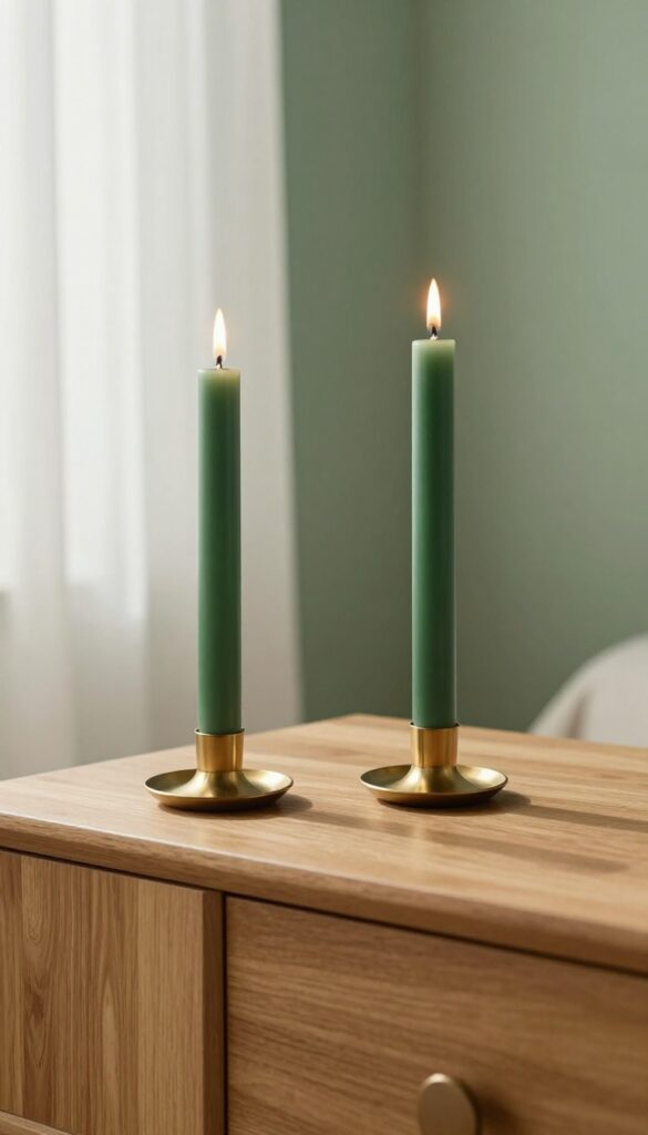 Green taper candles in brass holders on a nightstand in a bright bedroom with soft natural light and muted green wall background