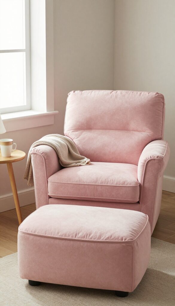 Cozy pink accent chair with storage ottoman in a bright bedroom corner