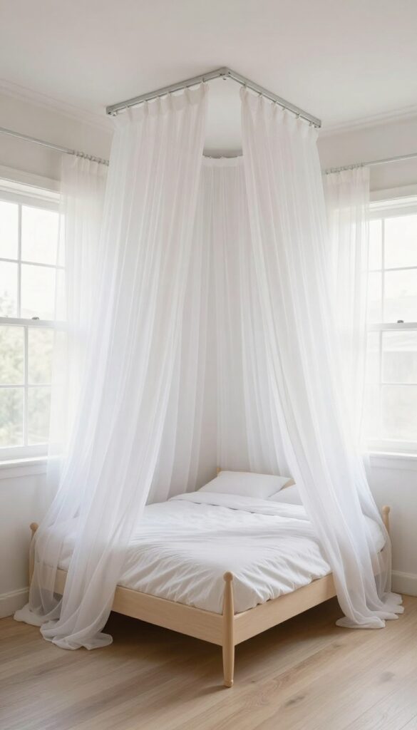 Twin bed with sheer white curtains draped from ceiling track, creating a dreamy canopy in a bright kids' bedroom