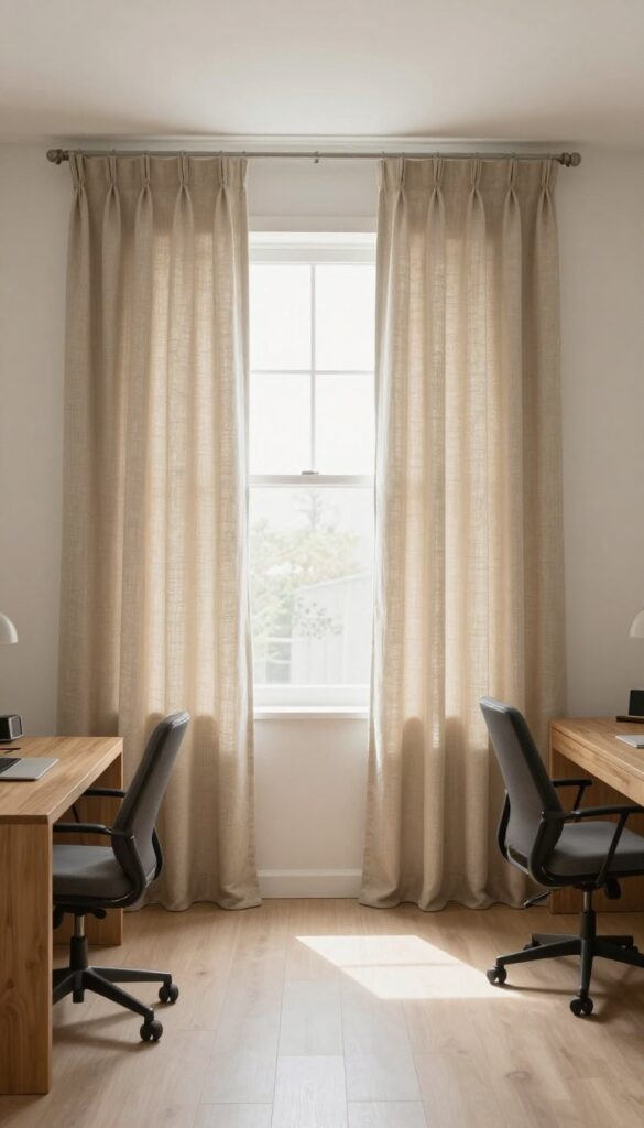 Teenage boy's bedroom with floor-length oatmeal linen curtains hung near the ceiling, creating height and softness, with natural light and clean composition.