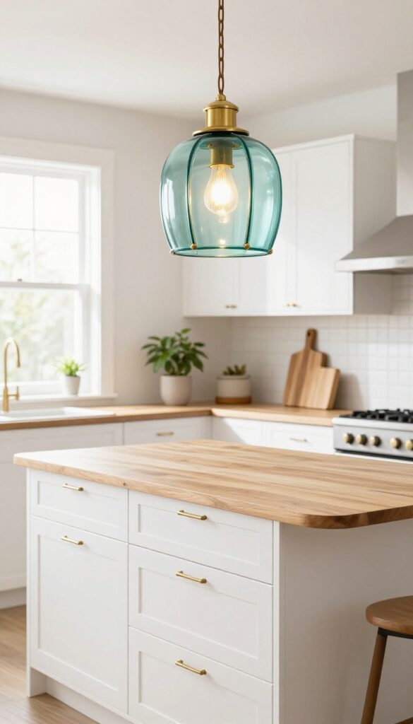 Vintage teal pendant light over a kitchen island with white cabinets and butcher block countertop.