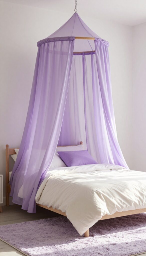 Lilac canopy bed with sheer drapes in a bright, dreamy girls bedroom