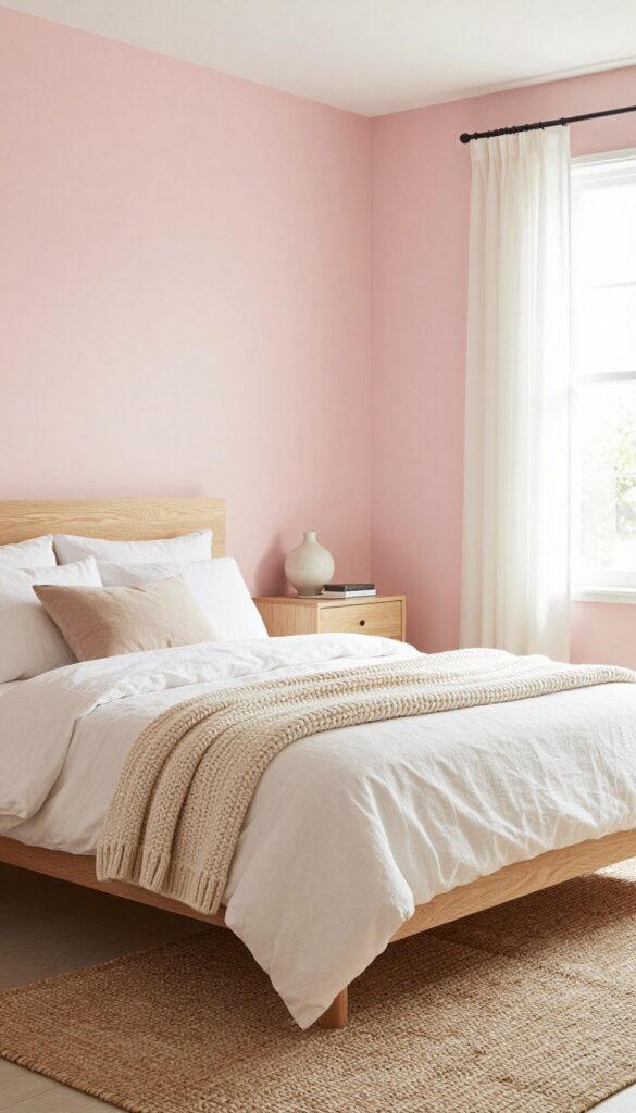 Soft blush pink walls and warm light oak furniture in a bright, cozy girl's bedroom with linen bedding and a chunky knit throw.