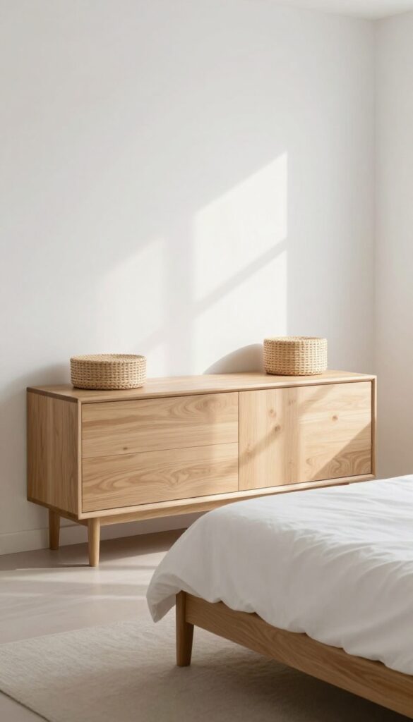 Minimalist bedroom with closed storage dresser and woven baskets, clean and uncluttered.