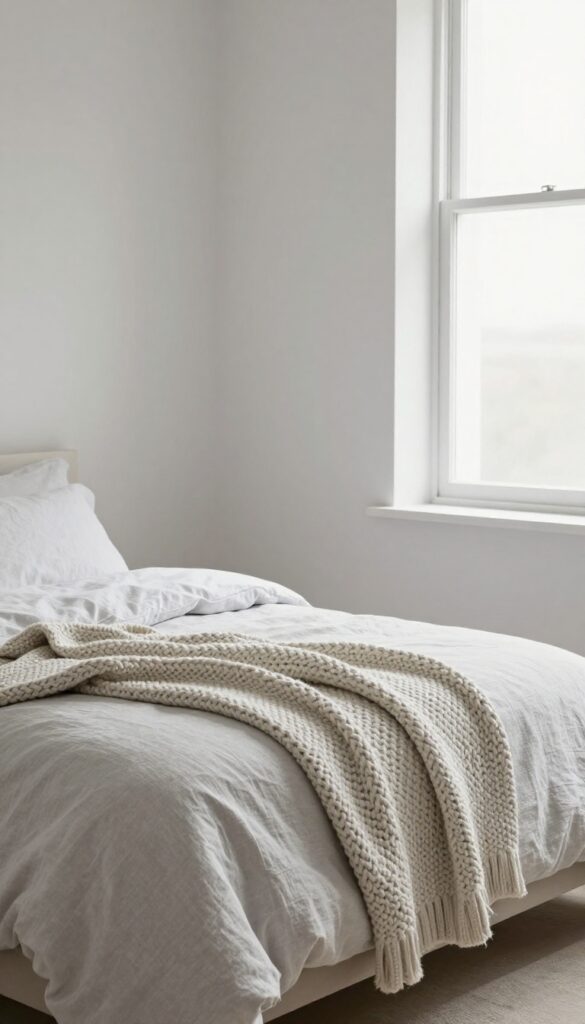 Small bedroom with layered bedding and a chunky knit throw draped at the foot of the bed, natural light, minimalist style.