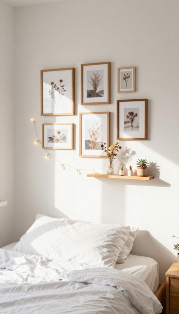 Cozy small bedroom with a gallery wall of personal mementos, fairy lights, and dried flowers above a bed.