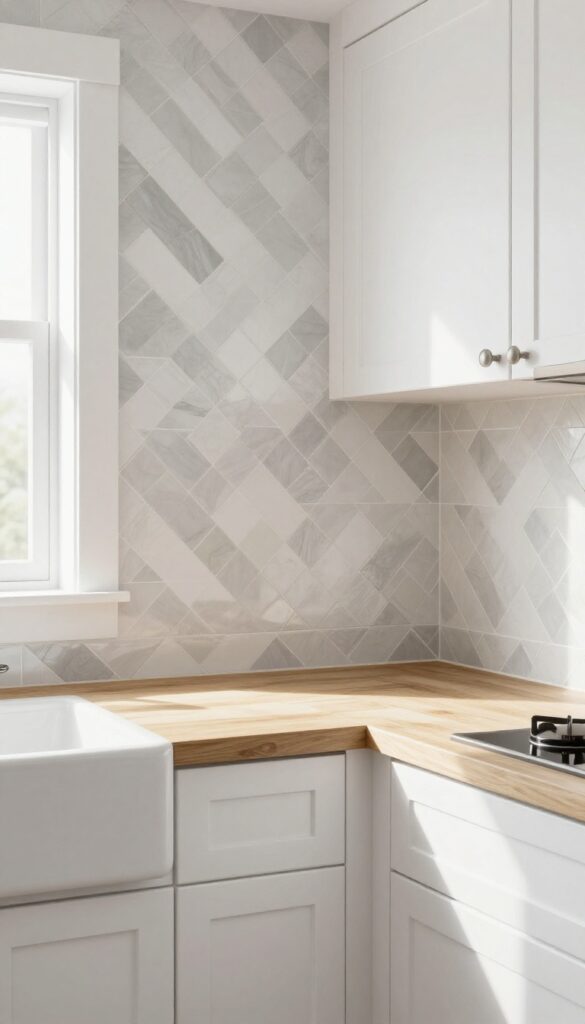 Polished farmhouse kitchen with herringbone subway tile backsplash, white cabinets, and natural light.