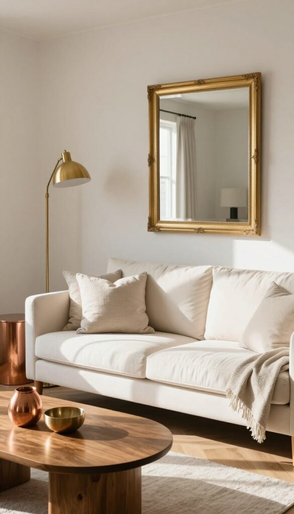 Cream couch living room with warm metallic accents like brass, copper, and gold, bathed in natural light