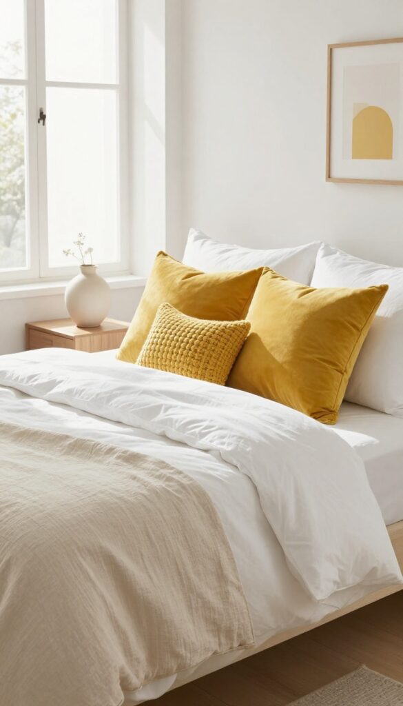 A bedroom with neutral bedding layered with mustard yellow throw pillows, warm wood tones, and natural light.
