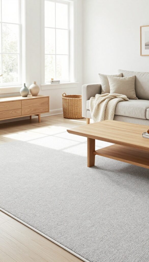 Light and airy living room with pale gray cut-and-loop carpet, white walls, light wood coffee table, neutral sofa, and natural light.