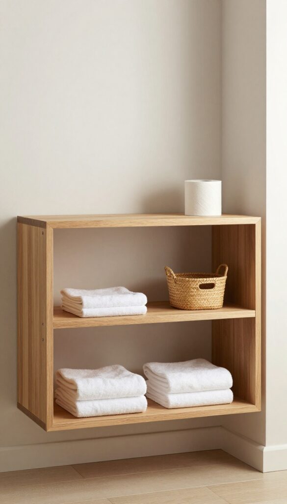 Small luxury guest toilet with floating vanity and open shelving