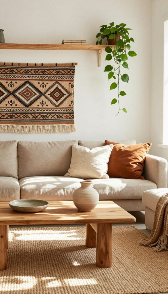 Cozy boho living room with a woven tapestry wall art behind a sofa, earthy tones, natural light, and trailing plants.