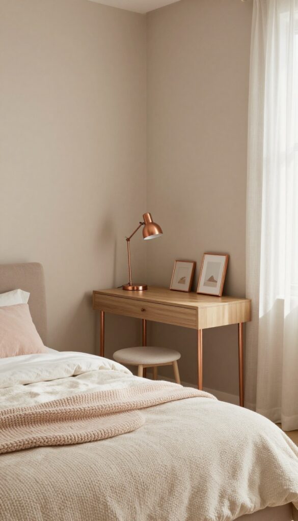 Modern girl's bedroom with warm taupe walls, copper accents, and soft natural light