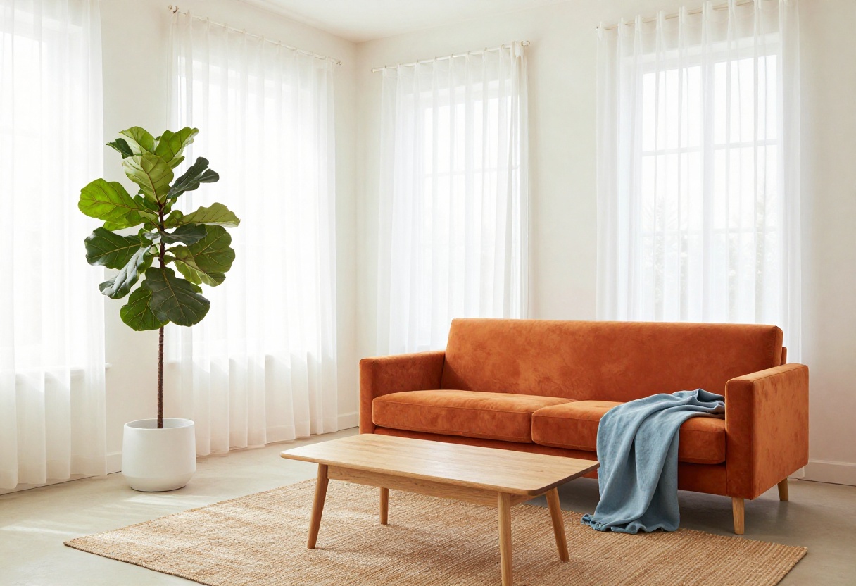 Light and airy living room with an orange sofa, white walls, sheer curtains, jute rug, and greenery.